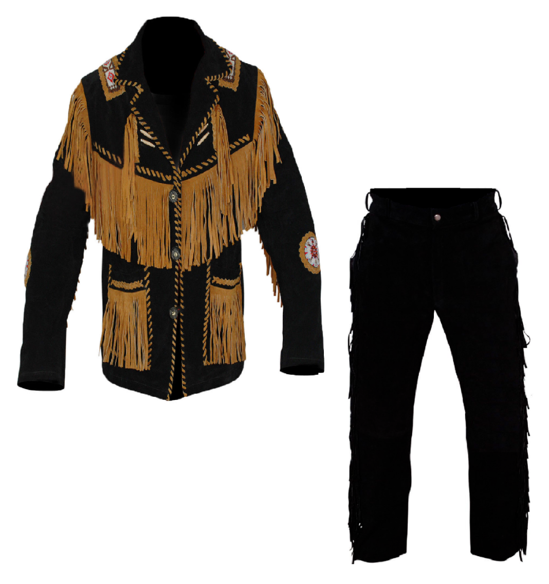 Men's Native American Buckskin Black Suede Leather Jacket & Pant Ws341