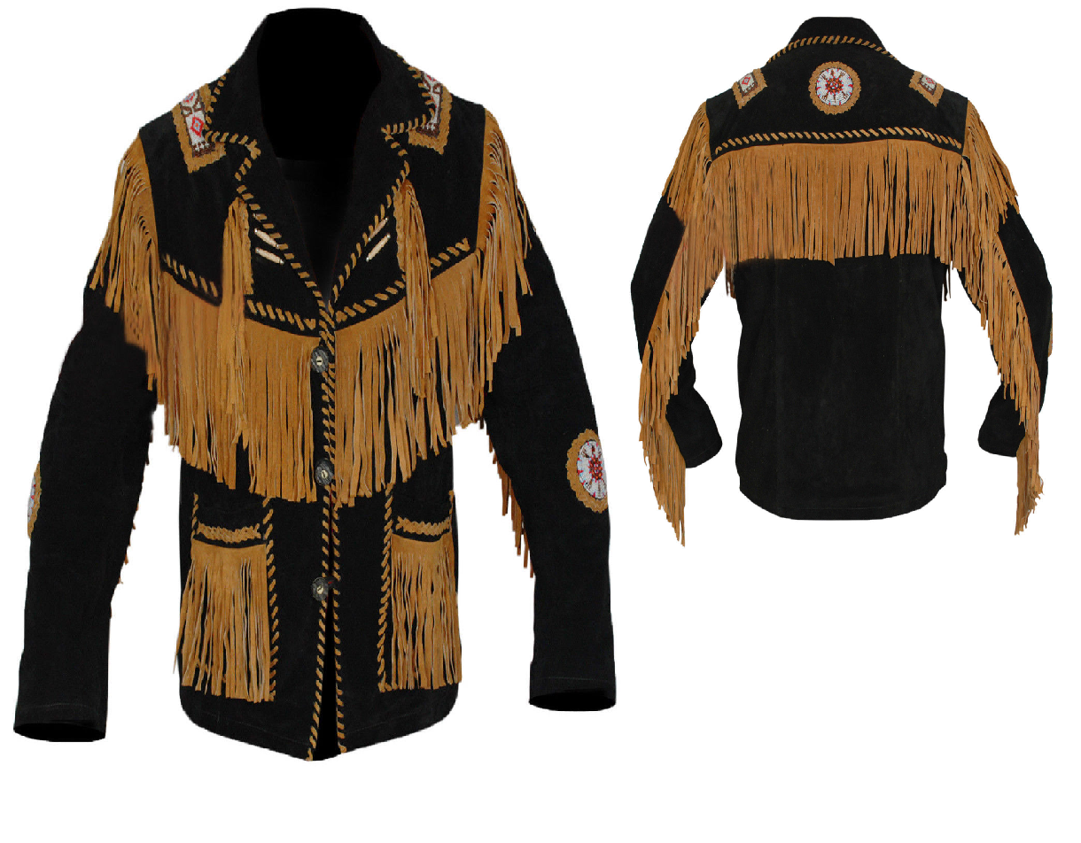 Men's Native American Buckskin Black Suede Leather Western Jacket Fj341