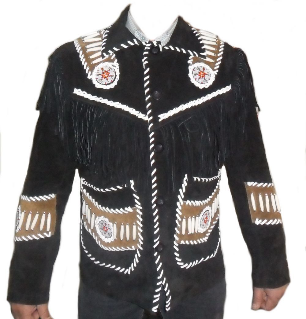 Men's Native American Buckskin Black Suede Leather Western Fringes Beaded Jacket Fj02
