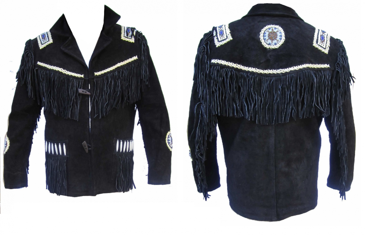Men's Native American Buckskin Black Suede Leather Western Fringes Beaded Jacket Fj05