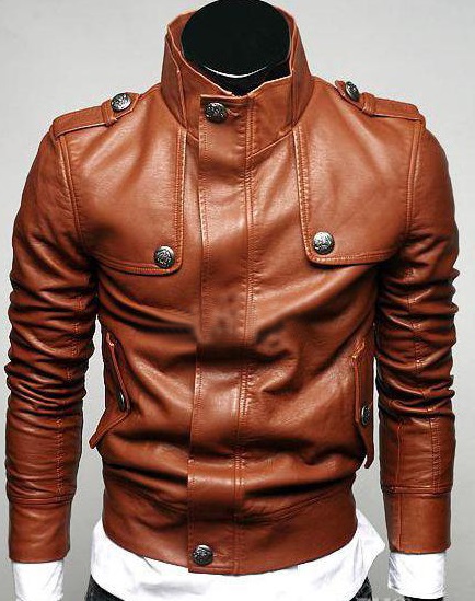 Qastan Men's Tan Brown Cow Leather High Neck Collar Style Biker Jacket Bk02