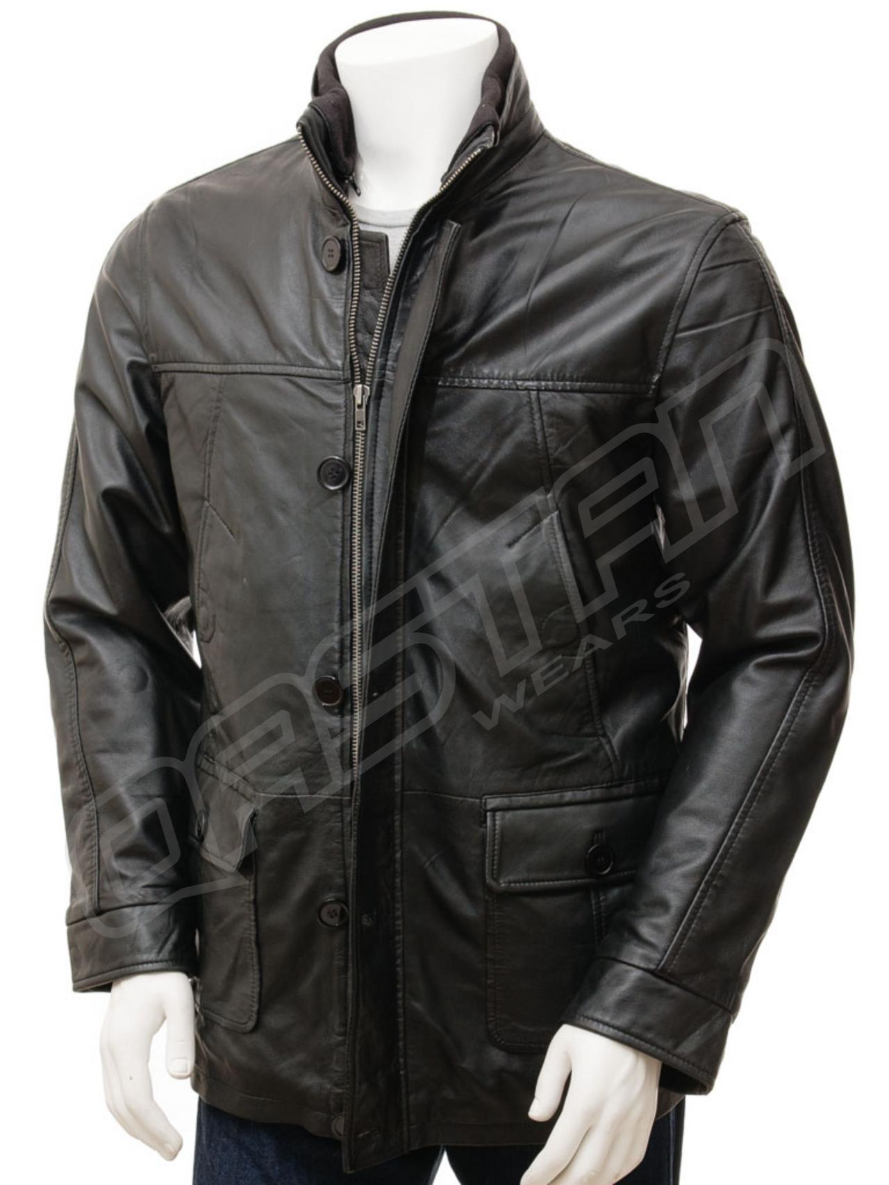 Qastan Handmade Men's Black Lambskin Zippers Buttoned Jacket / Coat Qmj51