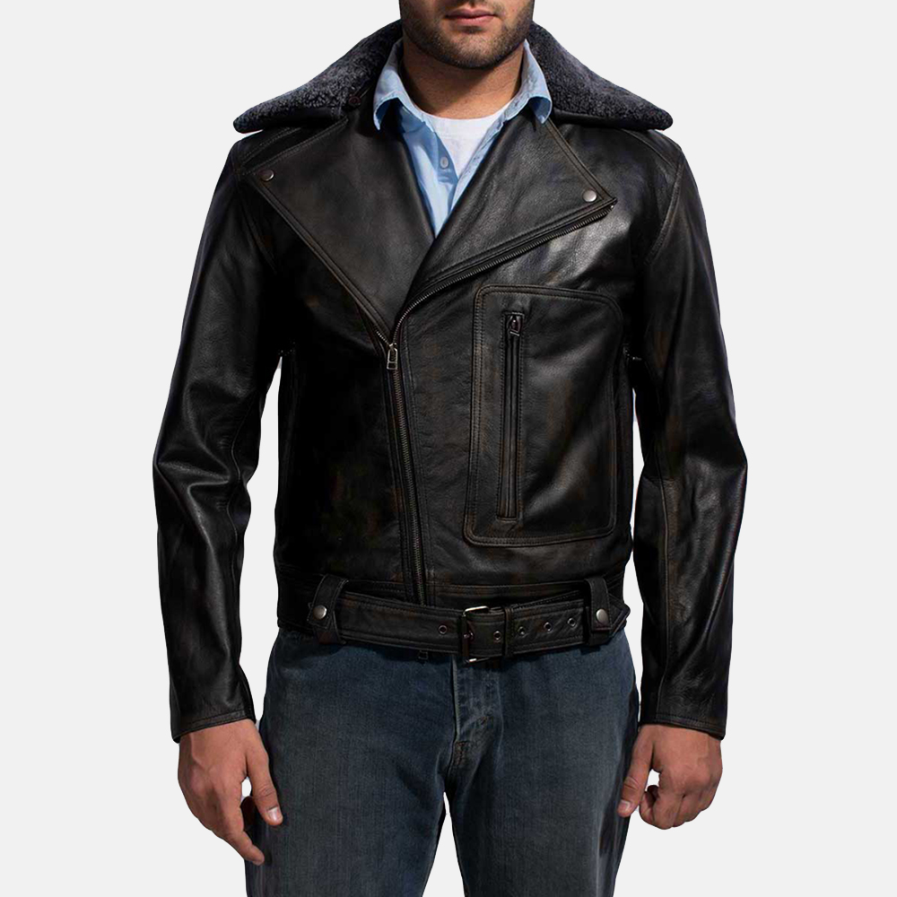Qastan Handmade Men's Black Zippers Leather Biker Fur Collar Jacket Bk15