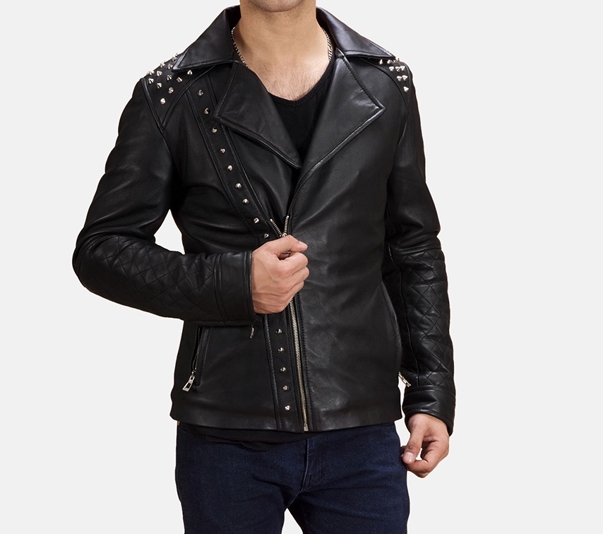 Qastan Handmade Men's Black Zippers Studded Leather Jacket Bk