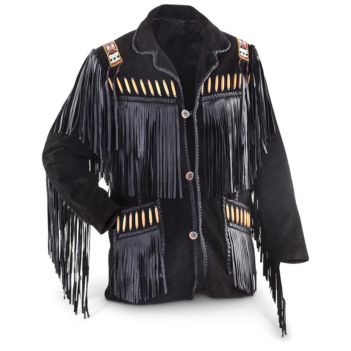 Men's Native American Buckskin Black Suede Leather Western Fringes Beaded Jacket Fj13