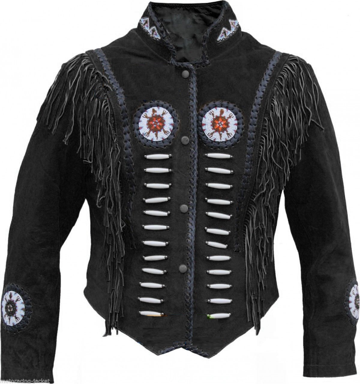 Men's Native American Buckskin Black Suede Leather Western Fringes Beaded Jacket Fj21