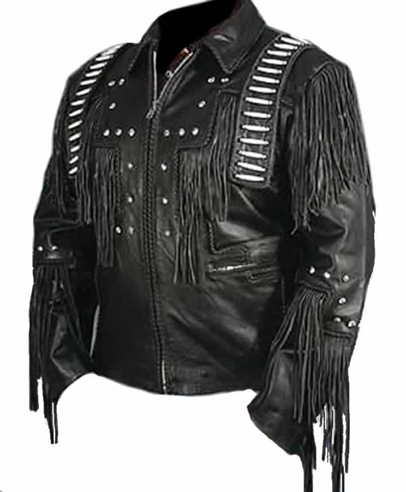 Men's Black Cow Leather Fringes Western Biker Hippie Warrior Jacket Fj37