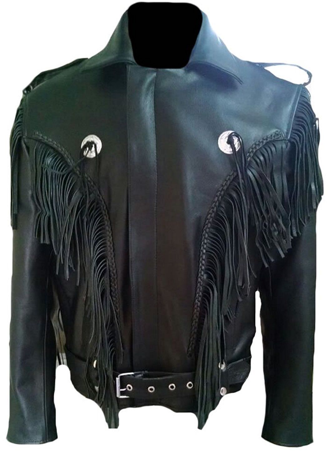 Men's Black Cow Leather Fringes Western Biker Hippie Jacket Fj40