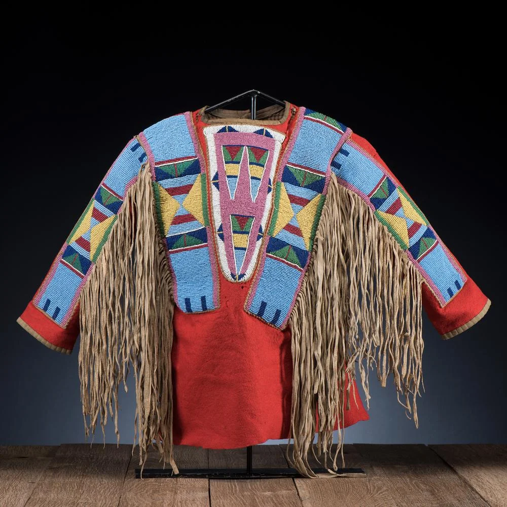 Antique Style Men's Red Buffalo Hide Beaded Powwow Regalia War Shirt Na812